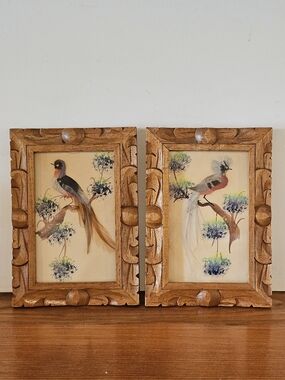Hand-Carved Wood Framed Bird Wall Art Pair - Brown